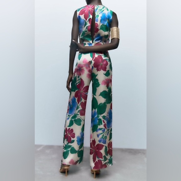 Zara Long Floral Satin Wide-Leg Jumpsuit Size Large - Picture 9 of 9